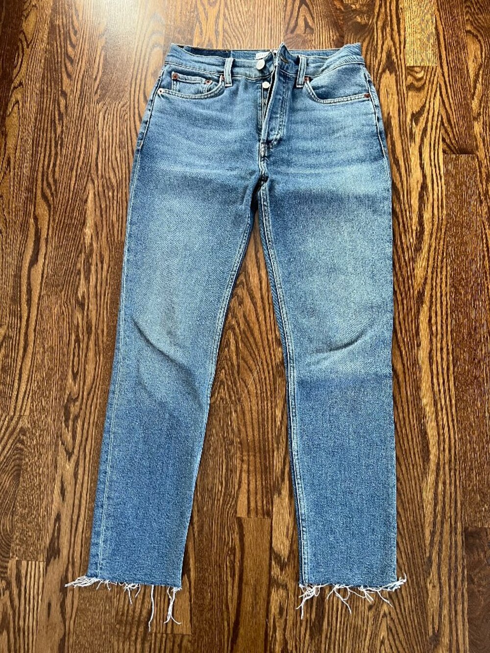 RE/DONE Originals High Rise Straight Leg Jeans Raw Hem Light Wash Size 26